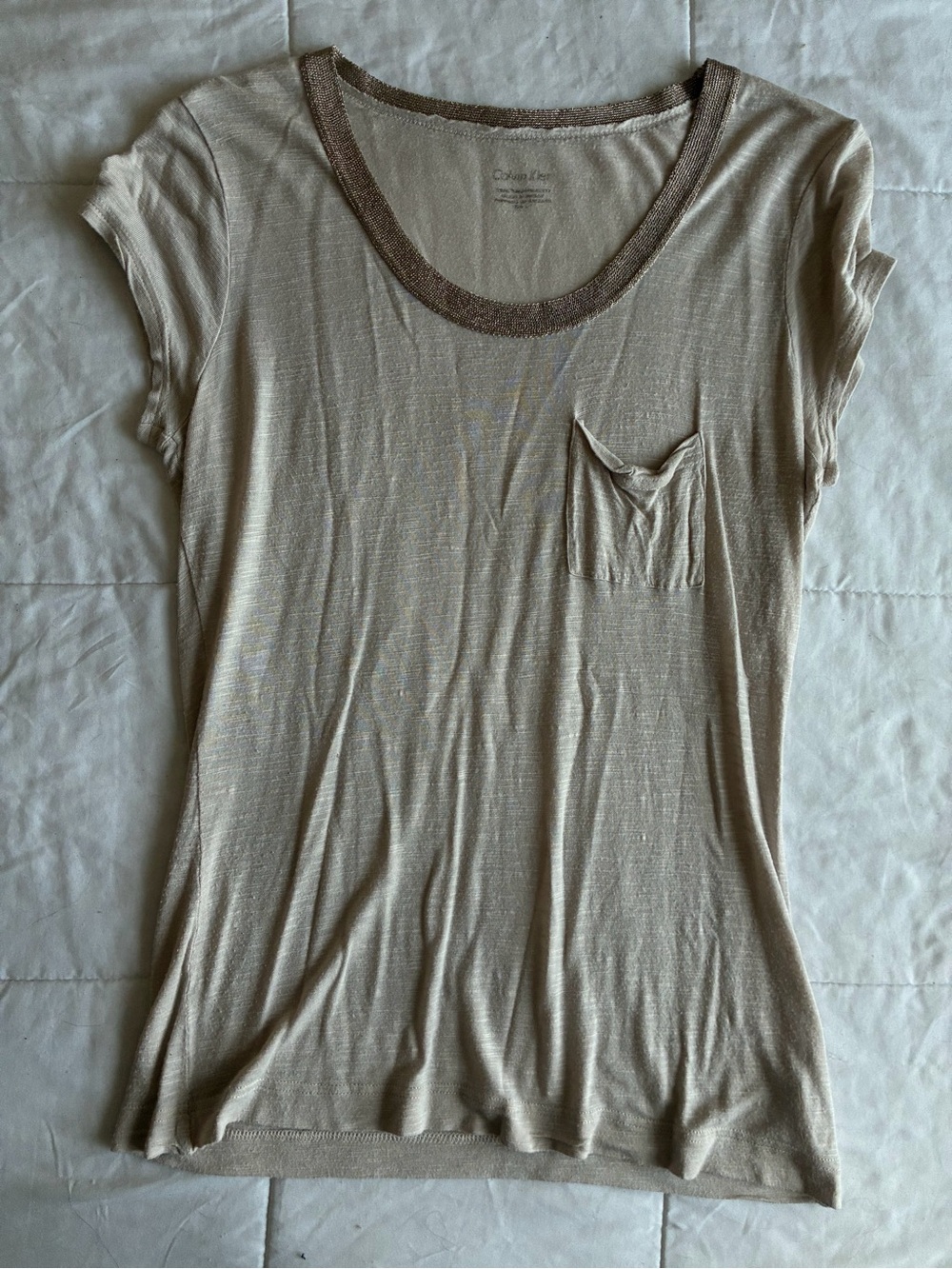 Calvin Klein Cream Scoop Neck Short Sleeve Tee with Contrast Trim